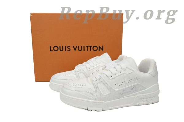 Louis Vuitton Trainer Sneaker replica, high quality LV sneaker copy, best LV Trainer rep, white alligator leather LV shoes, 1:1 Louis Vuitton sneaker, luxury replica sneakers, top tier LV Trainer dupes