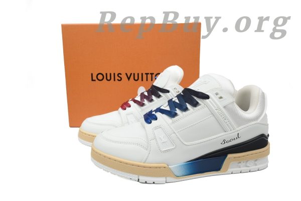 Louis Vuitton Trainer Sneaker replica, high quality LV Monogram sneakers, unisex designer shoes, best LV Trainer copy, luxury street style sneakers, blended fabrics LV shoes, bi-color LV sneakers, top replica LV trainers, 1:1 Louis Vuitton sneakers, premium LV copy shoes