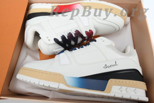 Louis Vuitton Trainer Sneaker replica, high quality LV Monogram sneakers, unisex designer shoes, best LV Trainer copy, luxury street style sneakers, blended fabrics LV shoes, bi-color LV sneakers, top replica LV trainers, 1:1 Louis Vuitton sneakers, premium LV copy shoes