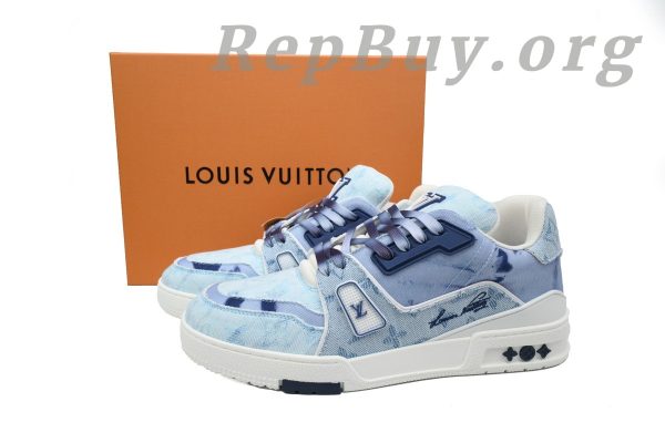 Louis Vuitton Trainer Sneaker, LV sneakers replica, high quality replica sneakers, designer shoes copy, luxury sneakers dupe, rendered blue fabric sneakers, 1ACVNC replica, best LV trainers copy, premium fake sneakers, LV blue fabric shoes