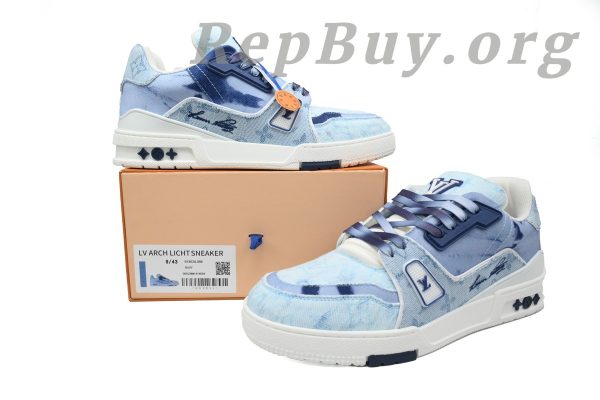 Louis Vuitton Trainer Sneaker, LV sneakers replica, high quality replica sneakers, designer shoes copy, luxury sneakers dupe, rendered blue fabric sneakers, 1ACVNC replica, best LV trainers copy, premium fake sneakers, LV blue fabric shoes