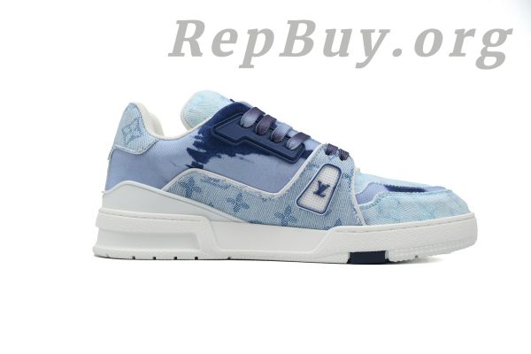 Louis Vuitton Trainer Sneaker, LV sneakers replica, high quality replica sneakers, designer shoes copy, luxury sneakers dupe, rendered blue fabric sneakers, 1ACVNC replica, best LV trainers copy, premium fake sneakers, LV blue fabric shoes