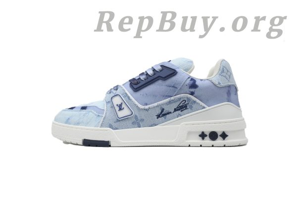 Louis Vuitton Trainer Sneaker, LV sneakers replica, high quality replica sneakers, designer shoes copy, luxury sneakers dupe, rendered blue fabric sneakers, 1ACVNC replica, best LV trainers copy, premium fake sneakers, LV blue fabric shoes