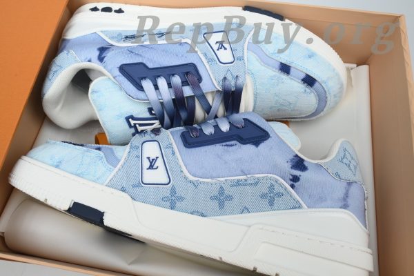 Louis Vuitton Trainer Sneaker, LV sneakers replica, high quality replica sneakers, designer shoes copy, luxury sneakers dupe, rendered blue fabric sneakers, 1ACVNC replica, best LV trainers copy, premium fake sneakers, LV blue fabric shoes