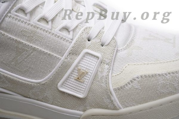 Louis Vuitton Trainer White Denim MS0241, high quality replica LV sneakers, best LV trainers replica, 1:1 copy Louis Vuitton shoes, luxury replica sneakers, top quality LV denim trainers, designer replica shoes, LV MS0241 replica, premium fake Louis Vuitton sneakers