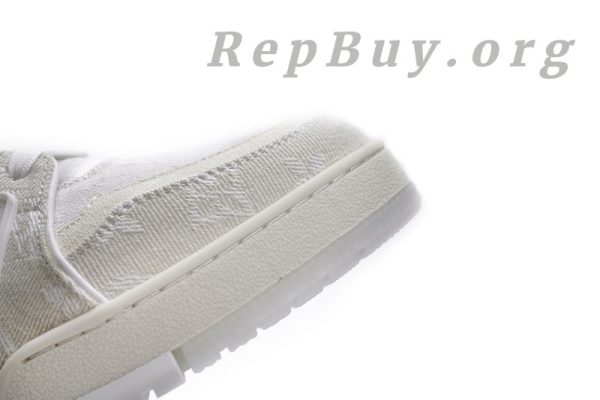 Louis Vuitton Trainer White Denim MS0241, high quality replica LV sneakers, best LV trainers replica, 1:1 copy Louis Vuitton shoes, luxury replica sneakers, top quality LV denim trainers, designer replica shoes, LV MS0241 replica, premium fake Louis Vuitton sneakers