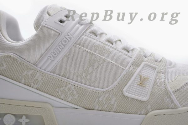 Louis Vuitton Trainer White Denim MS0241, high quality replica LV sneakers, best LV trainers replica, 1:1 copy Louis Vuitton shoes, luxury replica sneakers, top quality LV denim trainers, designer replica shoes, LV MS0241 replica, premium fake Louis Vuitton sneakers