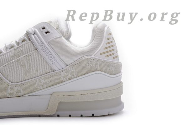 Louis Vuitton Trainer White Denim MS0241, high quality replica LV sneakers, best LV trainers replica, 1:1 copy Louis Vuitton shoes, luxury replica sneakers, top quality LV denim trainers, designer replica shoes, LV MS0241 replica, premium fake Louis Vuitton sneakers