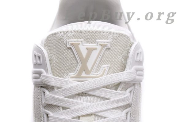 Louis Vuitton Trainer White Denim MS0241, high quality replica LV sneakers, best LV trainers replica, 1:1 copy Louis Vuitton shoes, luxury replica sneakers, top quality LV denim trainers, designer replica shoes, LV MS0241 replica, premium fake Louis Vuitton sneakers