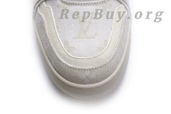 Louis Vuitton Trainer White Denim MS0241, high quality replica LV sneakers, best LV trainers replica, 1:1 copy Louis Vuitton shoes, luxury replica sneakers, top quality LV denim trainers, designer replica shoes, LV MS0241 replica, premium fake Louis Vuitton sneakers