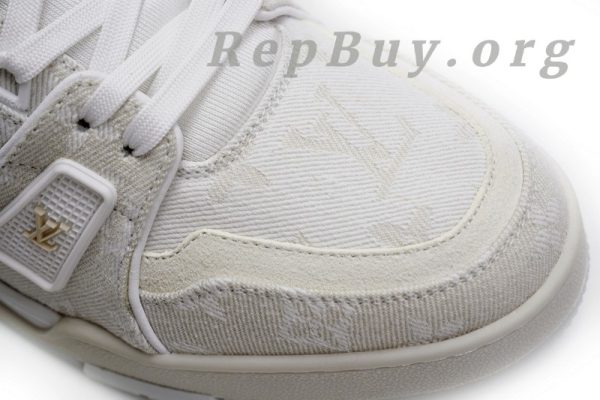 Louis Vuitton Trainer White Denim MS0241, high quality replica LV sneakers, best LV trainers replica, 1:1 copy Louis Vuitton shoes, luxury replica sneakers, top quality LV denim trainers, designer replica shoes, LV MS0241 replica, premium fake Louis Vuitton sneakers