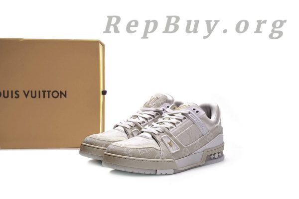 Louis Vuitton Trainer White Denim MS0241, high quality replica LV sneakers, best LV trainers replica, 1:1 copy Louis Vuitton shoes, luxury replica sneakers, top quality LV denim trainers, designer replica shoes, LV MS0241 replica, premium fake Louis Vuitton sneakers