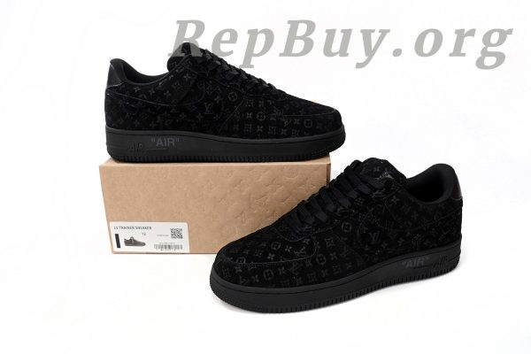 Louis Vuitton Nike Air Force 1 All Black replica, high quality LV Nike AF1 copy, best LV x Nike sneaker dupes, 1:1 Louis Vuitton Nike Air Force 1 knockoff, premium replica sneakers, luxury designer shoe replicas