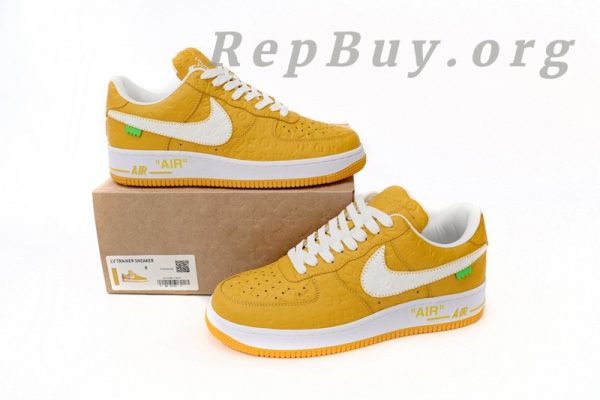 Louis Vuitton Nike Air Force 1, LV Nike AF1 replica, high quality replica sneakers, best LV Nike Air Force 1 copy, luxury sneaker reps, 1:1 Louis Vuitton Nike shoes, white yellow LV AF1, designer sneaker replicas, top tier LV Nike collab shoes, perfect clone sneakers